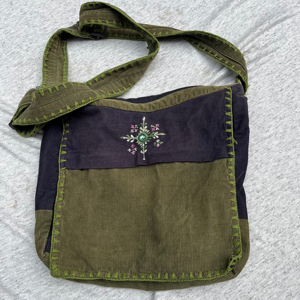 Blue Sky Corduroy Crossbody Bag Green Navy Floral Embroidery Nepal Cotton Boho